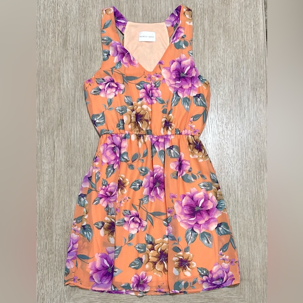 French Grey. Orange Floral Midi Dress with Purple & Cream Blooms
